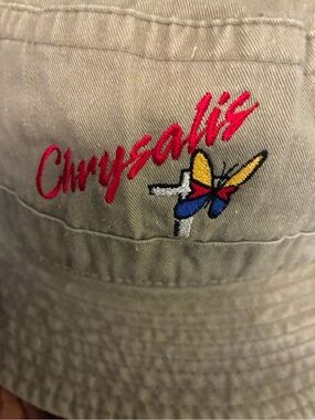 Pre-owned Chrysalis Khaki Bucket Hat in Beige with yellow, red,blue Embroidery.